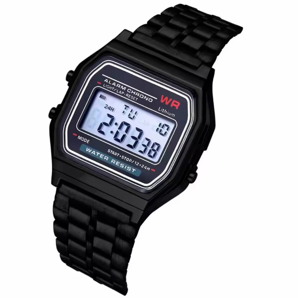 Y2K Vintage Black Digital Watch Adjustable Stainless Steel Unisex